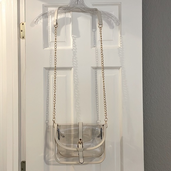 Clear Stadium Bag with White Leather Trim & Gold Hardware - Picture 2 of 6